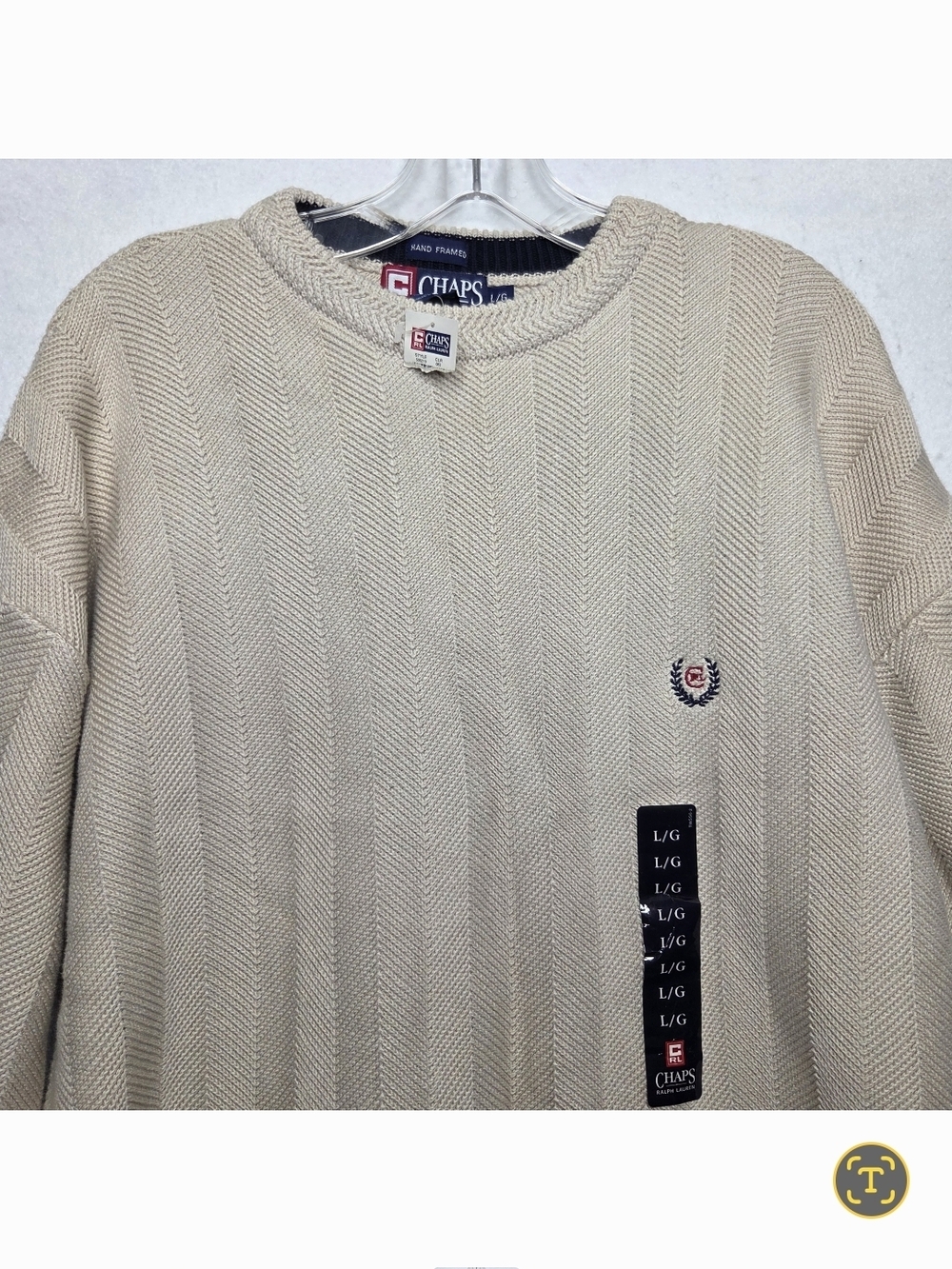 Vtg Chaps Ralph Lauren NWT Large Hand Framed Sweater Beige Herringbone Preppy